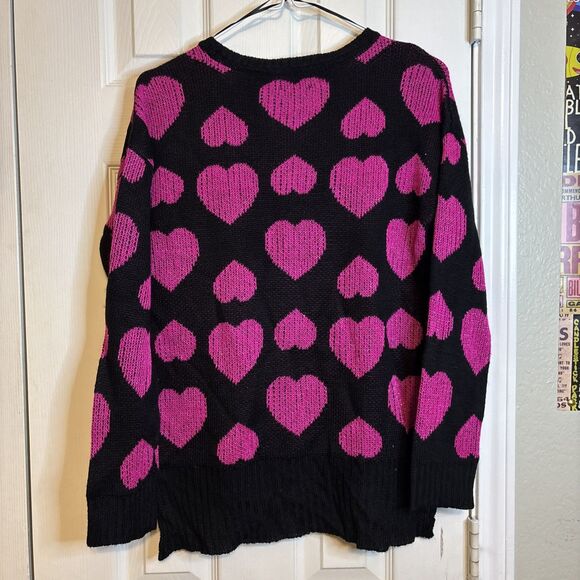Rampage Medium Sweater Black Knit with Hot Pink Heart Print Y2K Emo Indiecore - Picture 2 of 5